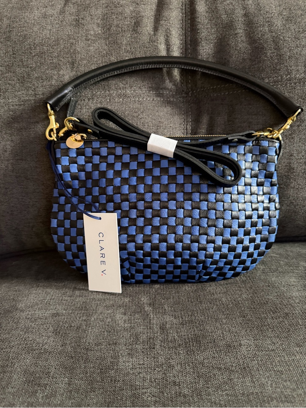 Clare V Petit Moyen Messenger Black/Cobalt Woven Checker NWT